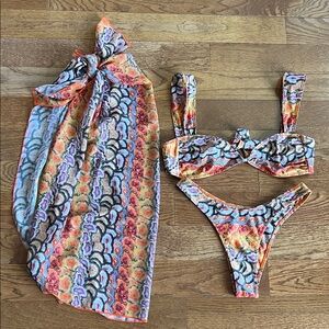 Strawberry Milk Mob bikini and coverup set size small in bright orange pattern